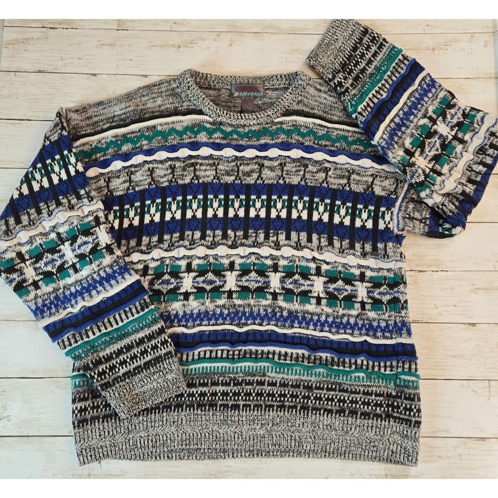 Vintage 1990s MACHE Geometric Pattern Multicolor Grandpa Sweater Size Large